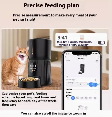 Black intelligent pet feeder with digital display and food container for automatic timed feeding