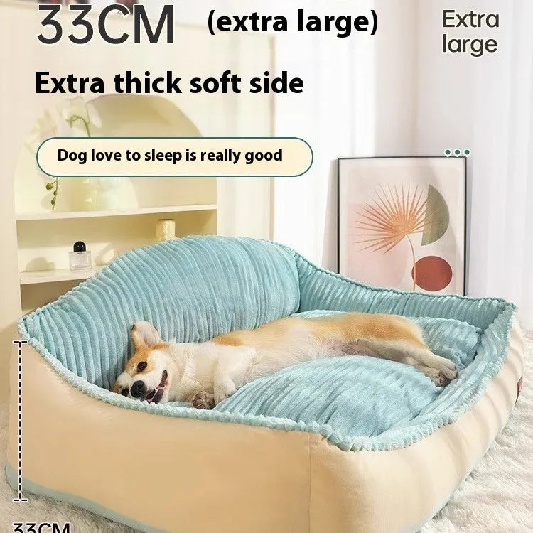 Morandi colour kennel-style pet bed with removable washable cover, shown in M and L sizes.