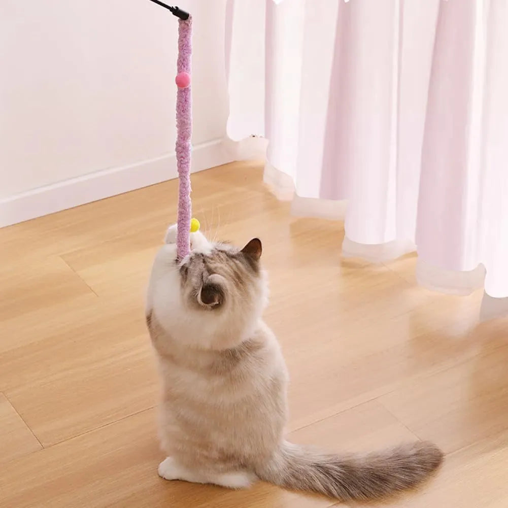 Blue cat wand toy with long plush strip and fluffy ball with bell attachment