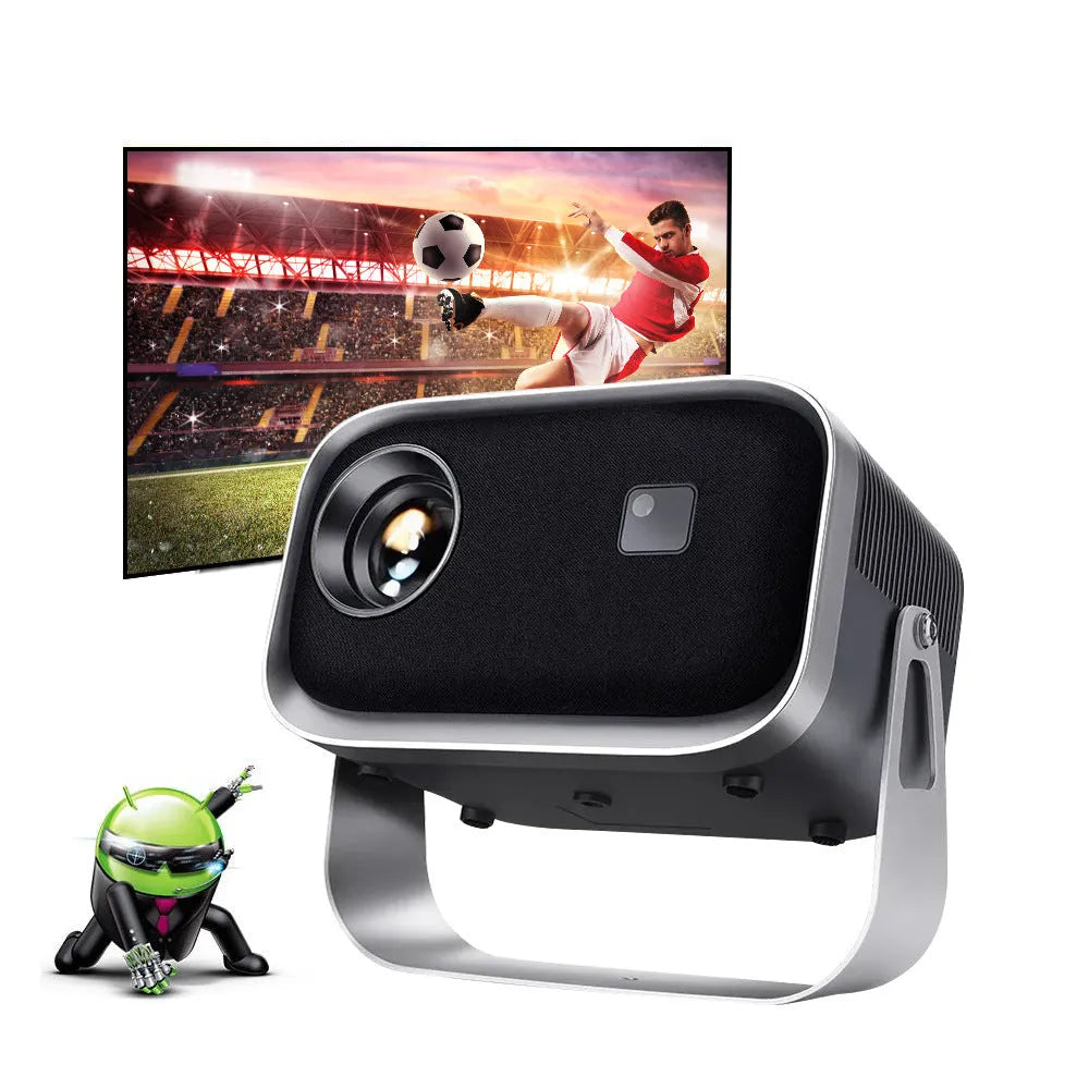 Home HD Portable Projector with bracket on table showing movie scene on wall