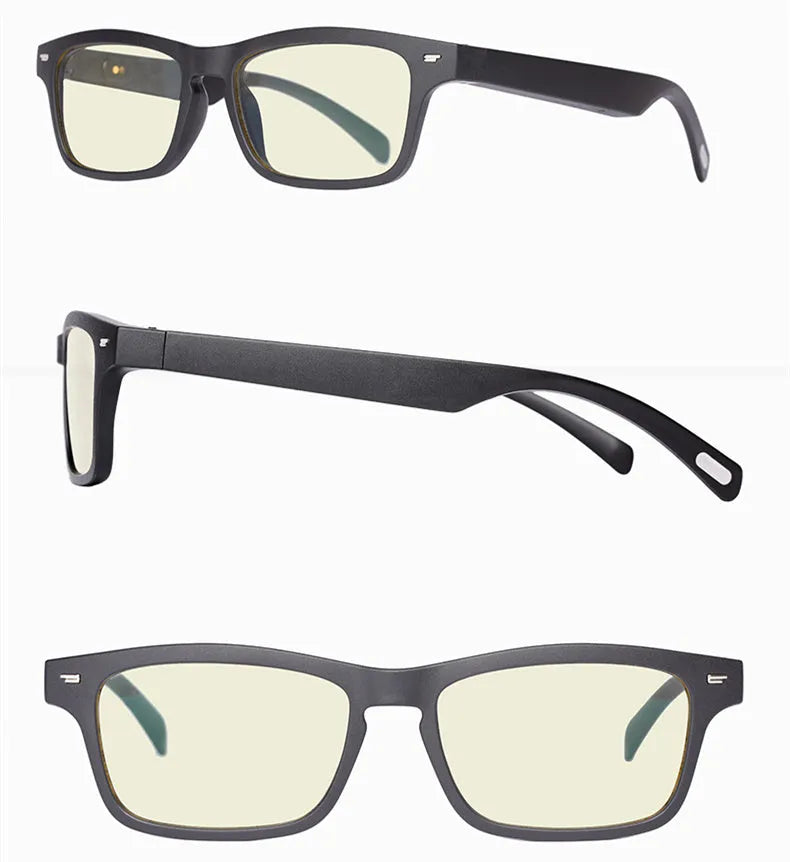 Smart glasses with a PC+ABS frame featuring semi-open ear speakers and polarised, anti-blue light lenses.