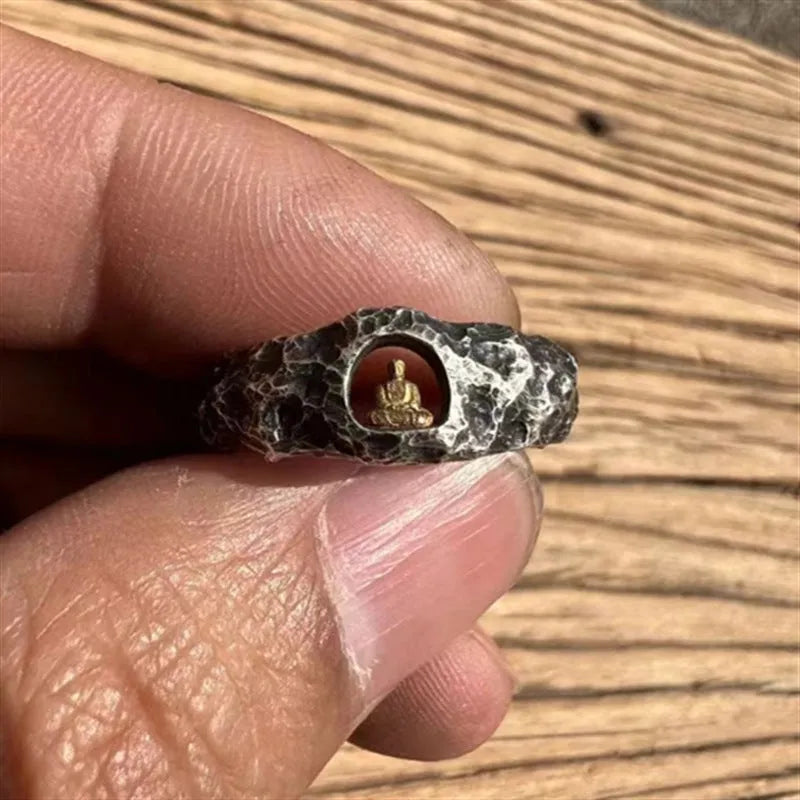 Hand-forged copper grotto Buddha ring with rock texture finish shown in size 8