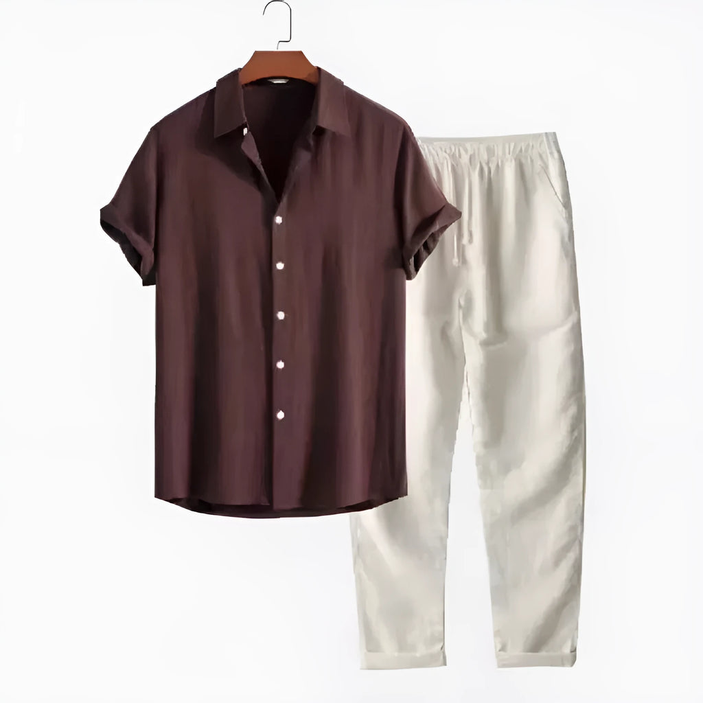Men's casual loose fit short sleeve shirt and trousers suit in linen-look fabric.
