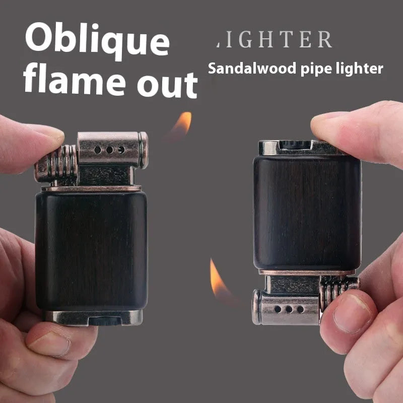 Ebony gas lighter with metal construction and decorative wood finish options