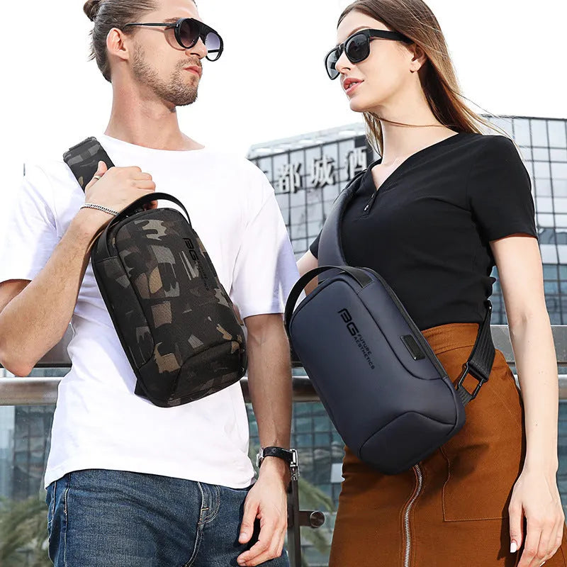 Men's casual Oxford cloth shoulder bag with USB charging port in four colour options.