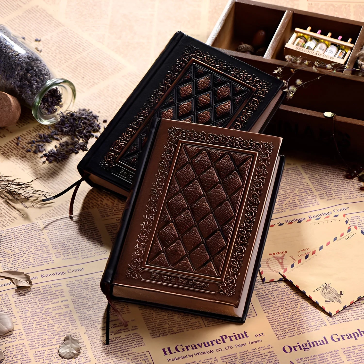 Embossed faux leather notepad with 3D relief design in bronze colour option