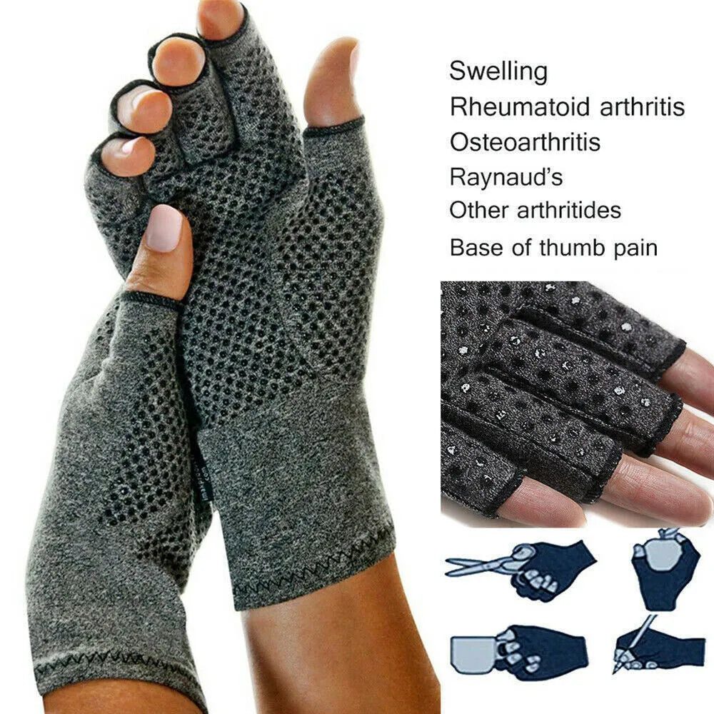 Grey fingerless compression glove with thumb hole, made from stretchy spandex fabric.