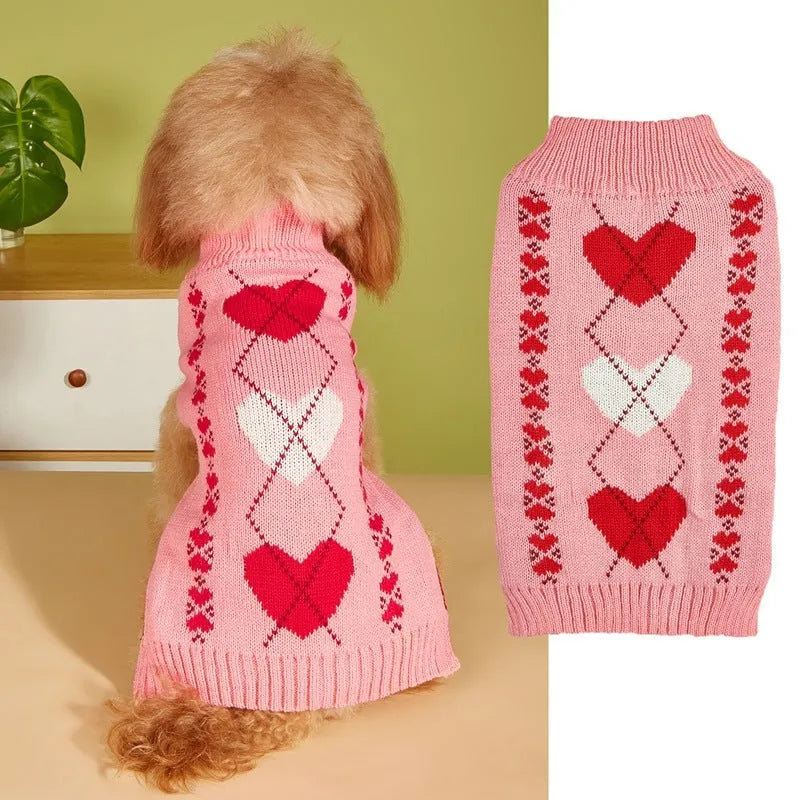 Red love heart design dog sweater with bow detail on acrylic pet clothing