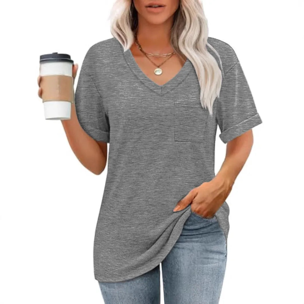 Grey loose fit men's V-neck T-shirt with chest pocket in Japanese Korean casual style