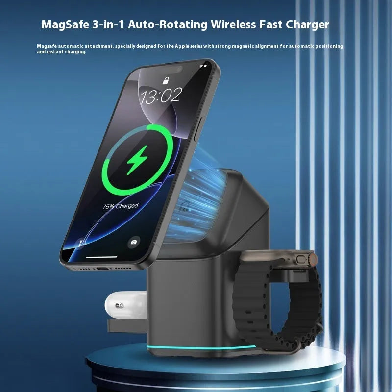 Black and silver mobile phone magnetic wireless charging stand showing 180-degree rotation on a desk.