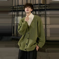 Men's V-neck cotton blend cardigan sweater in army green colour, loose fit casual style