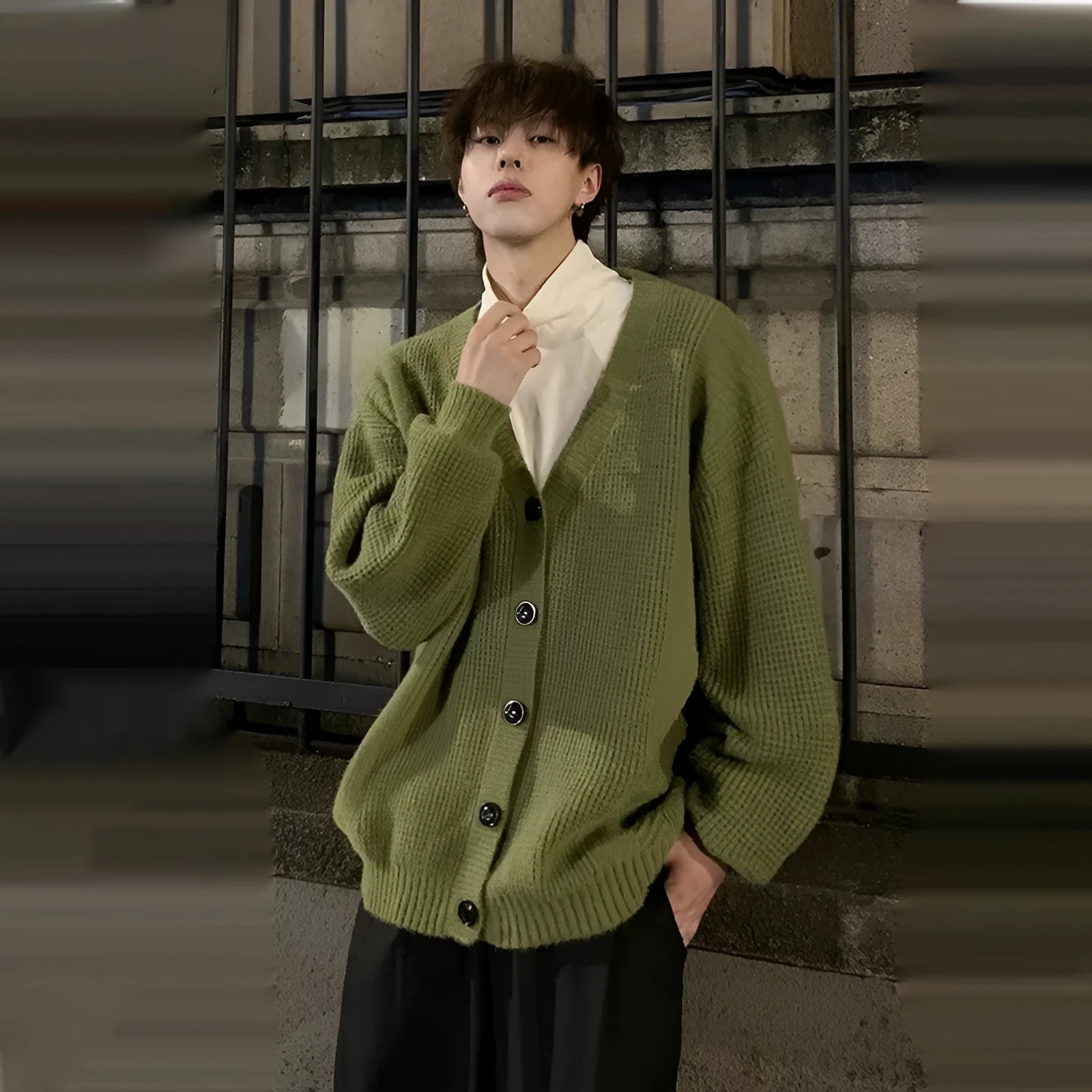Men's V-neck cotton blend cardigan sweater in army green colour, loose fit casual style