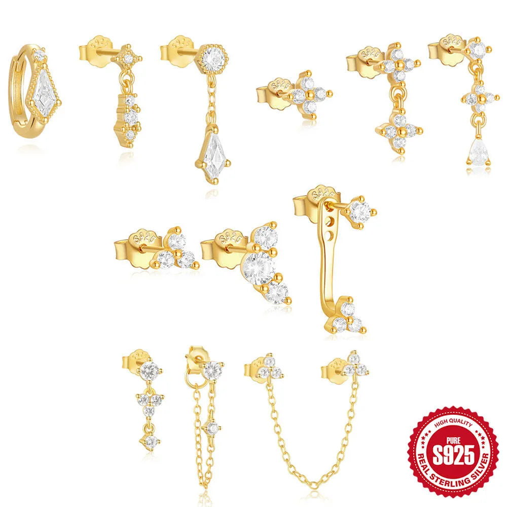 S925 sterling silver geometric tassel earring set with zircon accents - 3 pieces gold colour