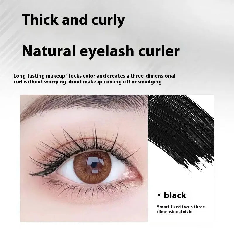 Waterproof mascara in steel tube with black and brown colour options shown with eyelash curler