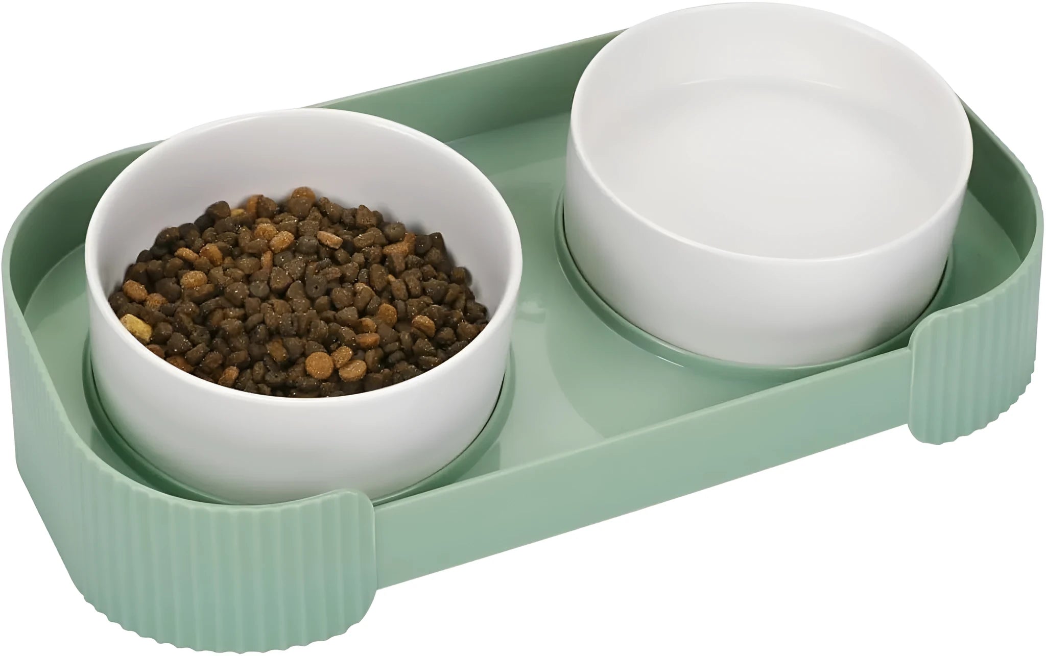 Ceramic elevated cat bowl set with tilted design and anti-spill rim in three colour options