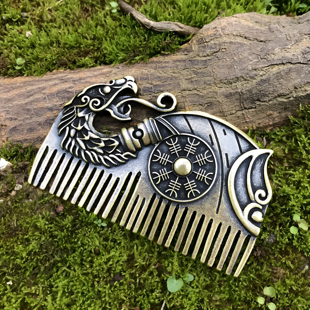 Bronze double-sided Viking rune comb with dragon motif on neutral background
