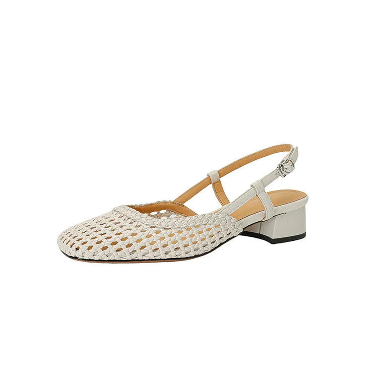 Women's woven hollow-out closed toe sandals with chunky heel and adjustable buckle in black