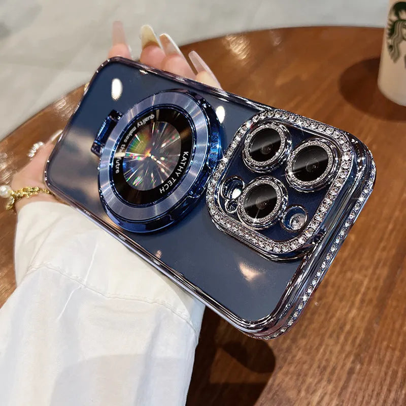 Transparent silicone iPhone case with rhinestone frame and built-in magnetic bracket in purple colour.