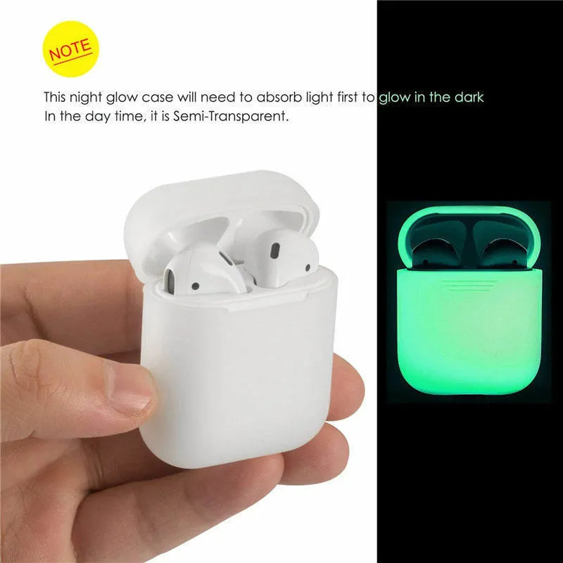 Luminous silicone flip case for Apple AirPods wireless earphones showing open and closed positions.