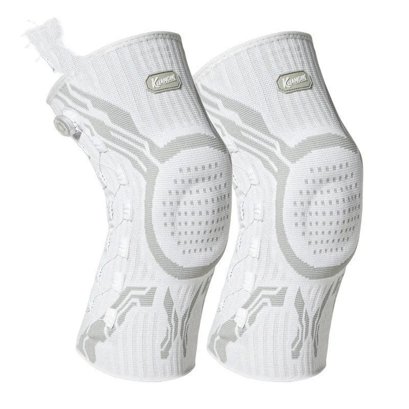 Grey and white adult sports knee pad for left or right foot, shown in sizes M, L, or XL.