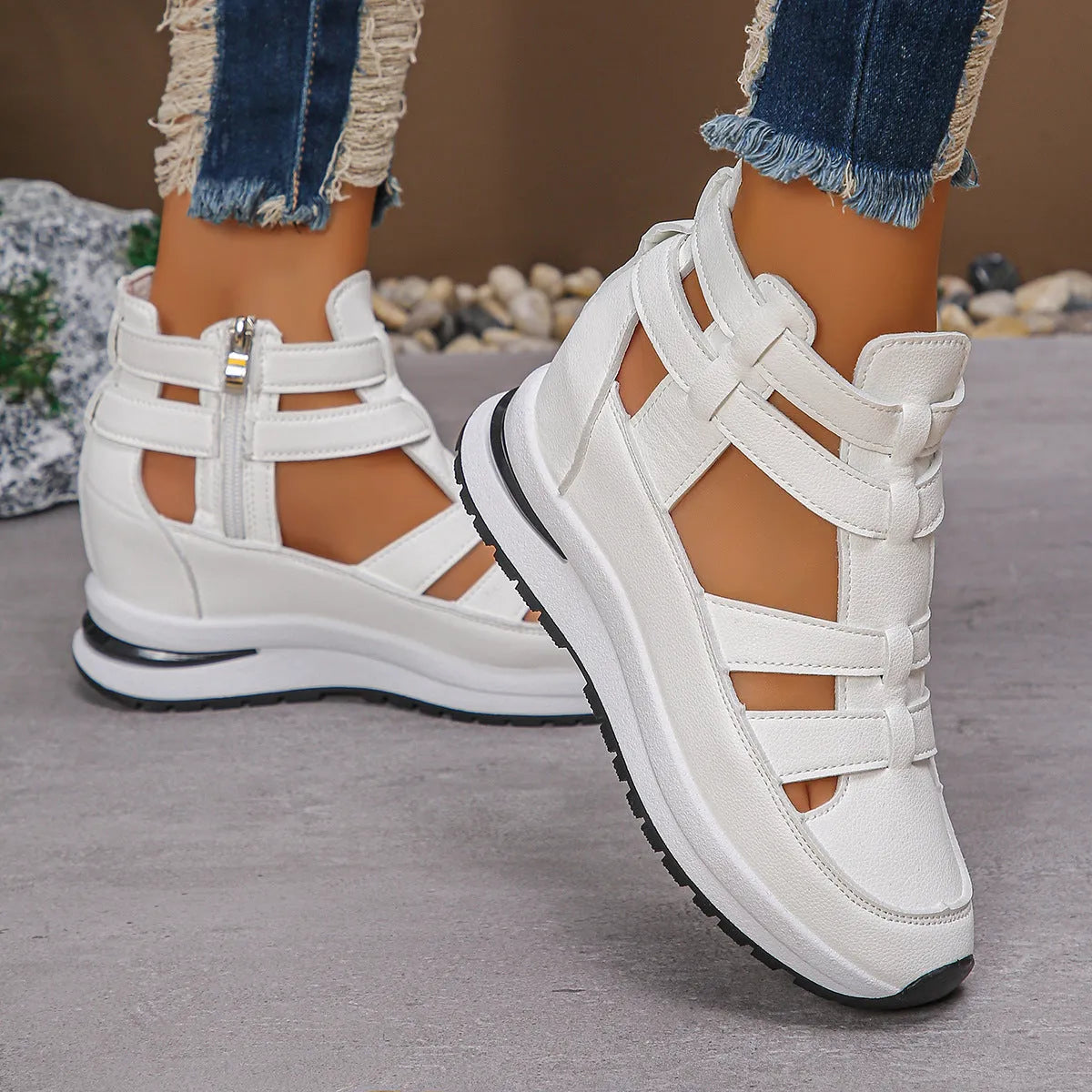 Women's black platform sandals with close-toe design and Velcro fastening