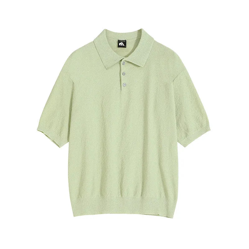 Men's retro knitted polo shirt with short sleeves and asymmetric design in caramel colour