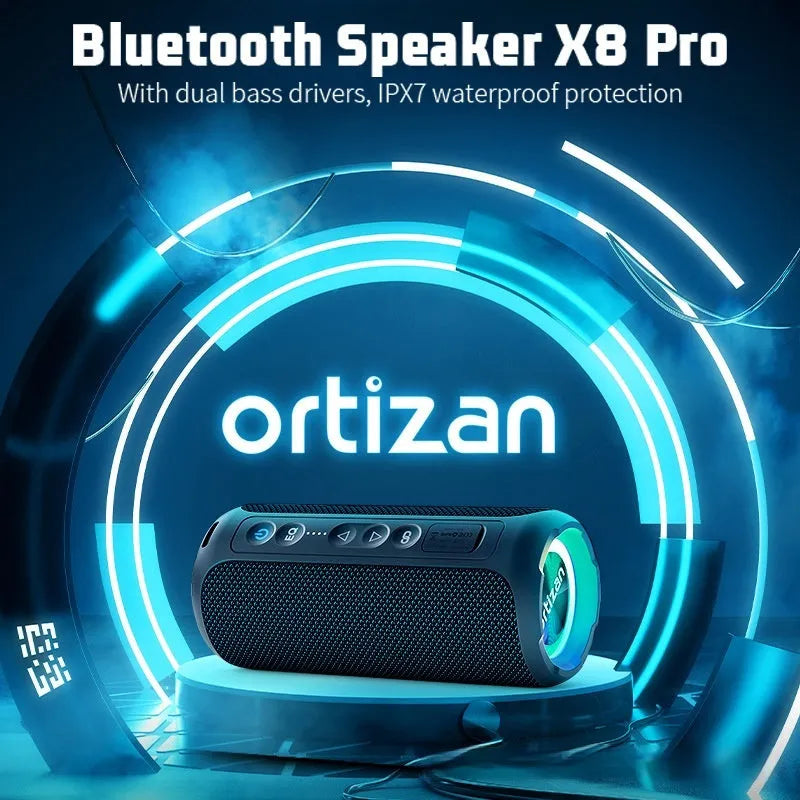 Black and blue fabric wireless Bluetooth speaker with LED lighting showing 40W power rating