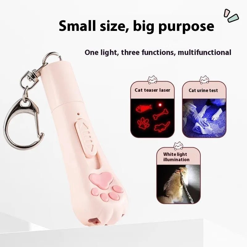 Plastic cat teaser pen light toy in cream white, pink, or sky blue colours with self-hi feature
