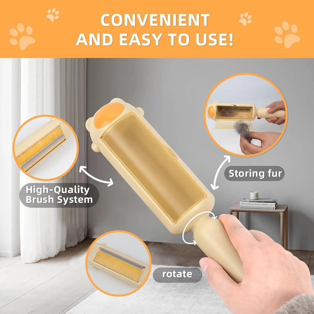Blue reusable pet hair remover roller with self-cleaning base on a carpet.