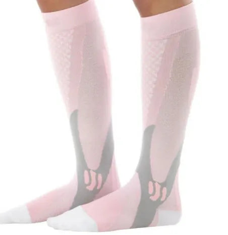 Graduated athletic compression socks for men and women in various colours and sizes.