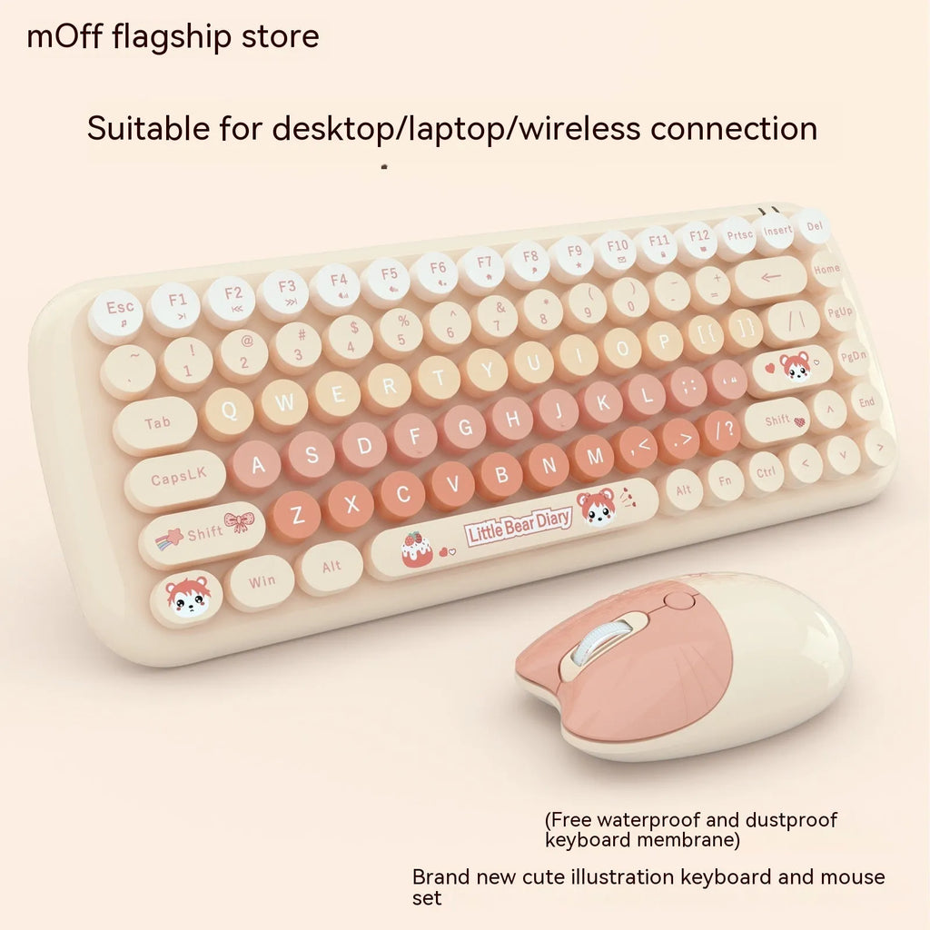 Pink mini cartoon wireless keyboard and mouse set with compact 43.5cm width design