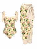 Women's two-piece chiffon swimsuit with positioning printed pattern and hip skirt coverage