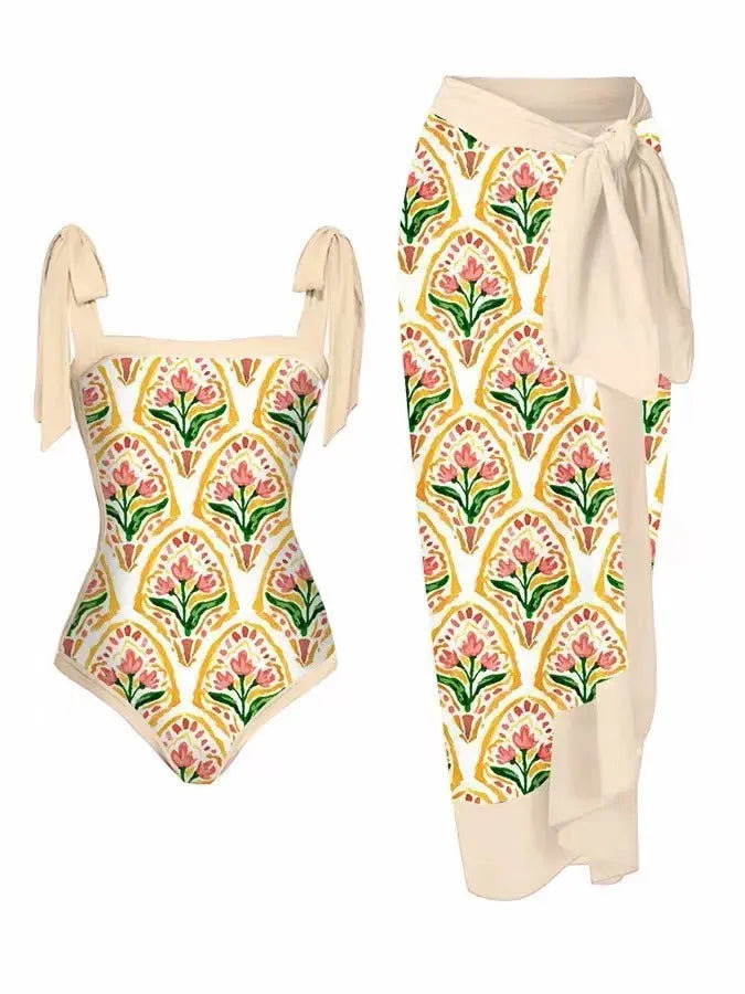Women's two-piece chiffon swimsuit with positioning printed pattern and hip skirt coverage