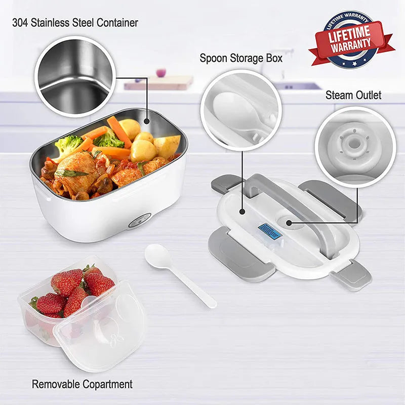Grey dual-power electric heating lunch box with car and home connectors showing stainless steel inner tank