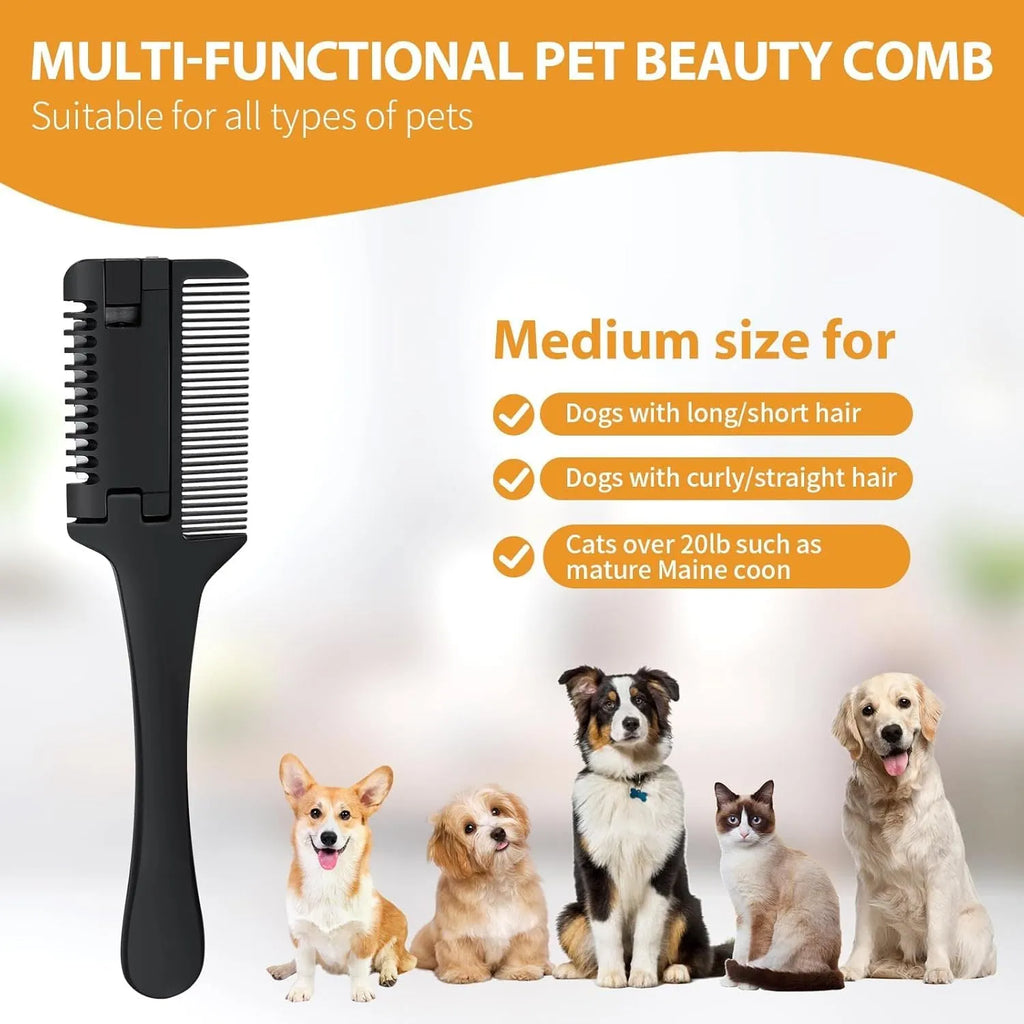 Razor comb for dogs and cats showing comb teeth and trimming blade, with pack of 10 spare blades.