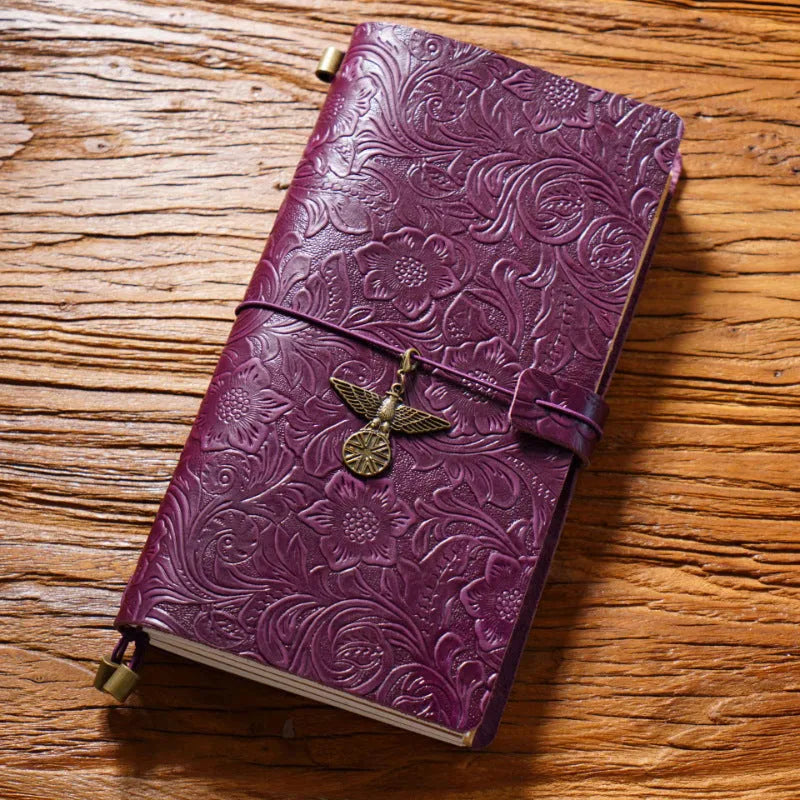 Creative vintage engraving cowhide travel notepad in black A5 size with genuine leather cover