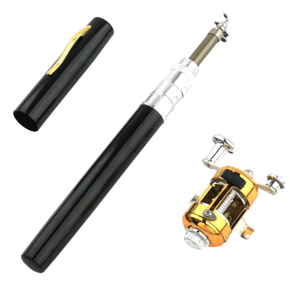Compact telescopic fishing rod retracted inside its aluminium pen case, with gold ST5RL reel attached.