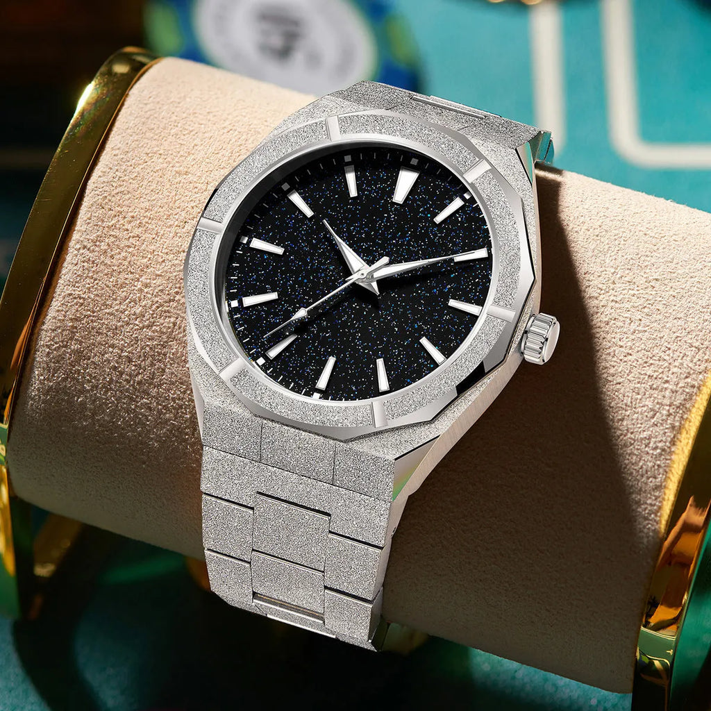 Men's frosted stainless steel business watch with luminous markers on black strap.