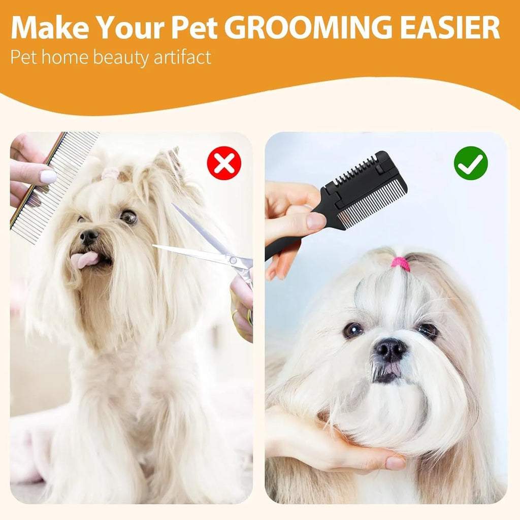 Razor comb for dogs and cats showing comb teeth and trimming blade, with pack of 10 spare blades.