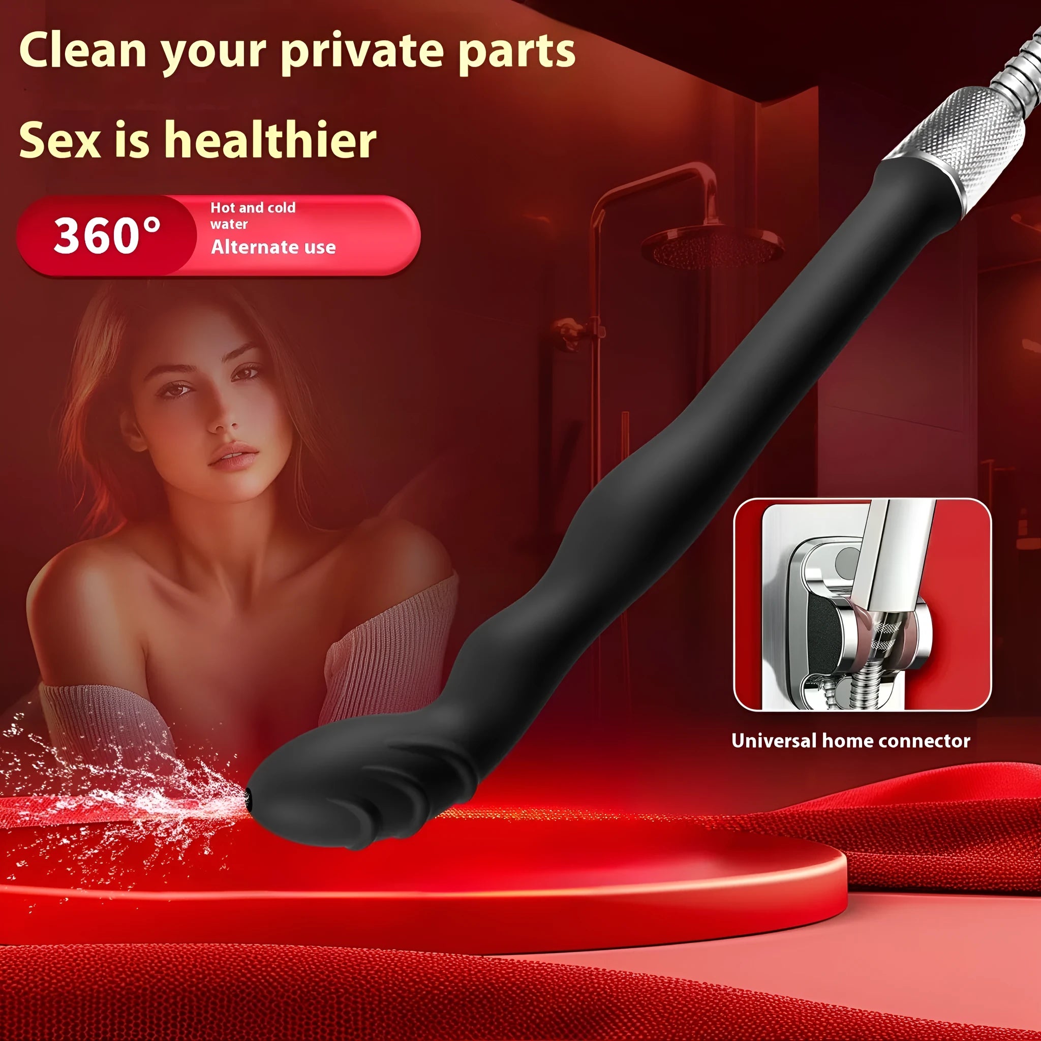 Black silicone hosepipe flusher with enema attachment for pet hygiene and cleaning applications