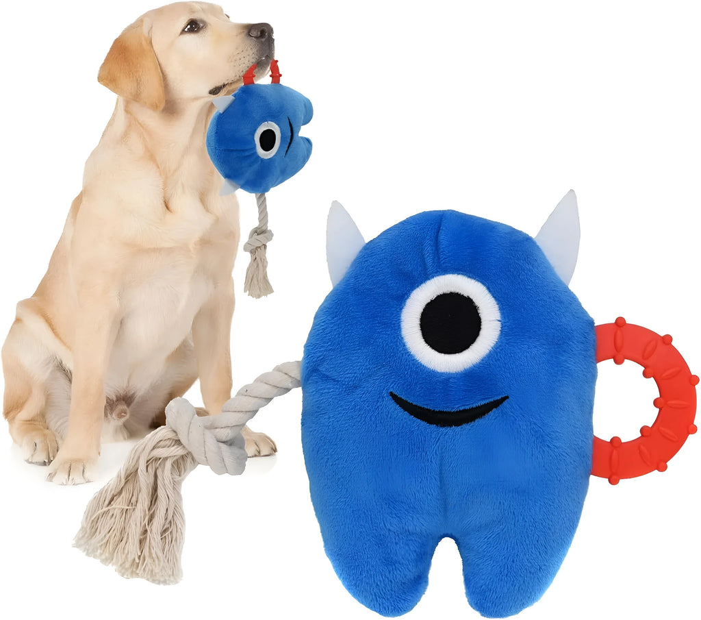 Blue and green dog chew toy with plush body and rope sections