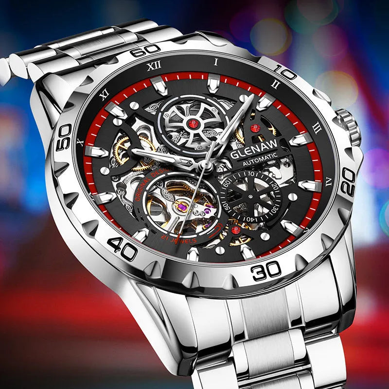 Men's automatic mechanical watch with hollow-out dial showing movement and luminous hands on stainless steel band
