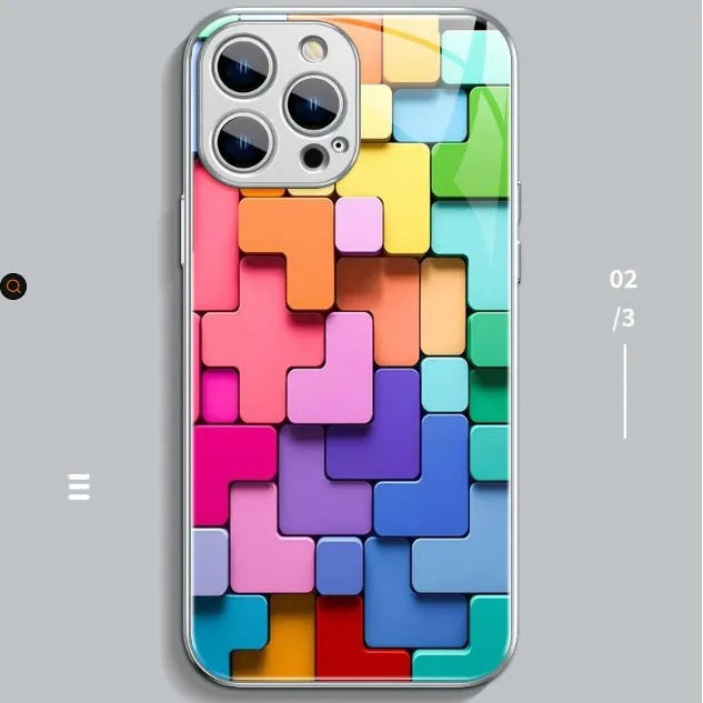 Silicone iPhone case with colourful geometric building block cartoon design