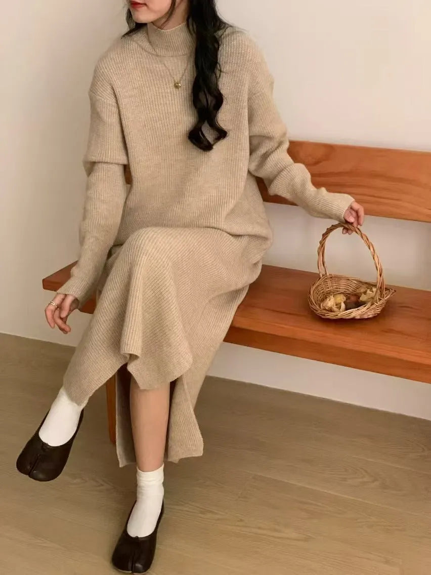 Acrylic knit high waist mid-length dress in solid colour with long sleeves.
