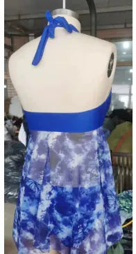 Blue women's bikini swimsuit in a briefs style, showing front view on a mannequin.