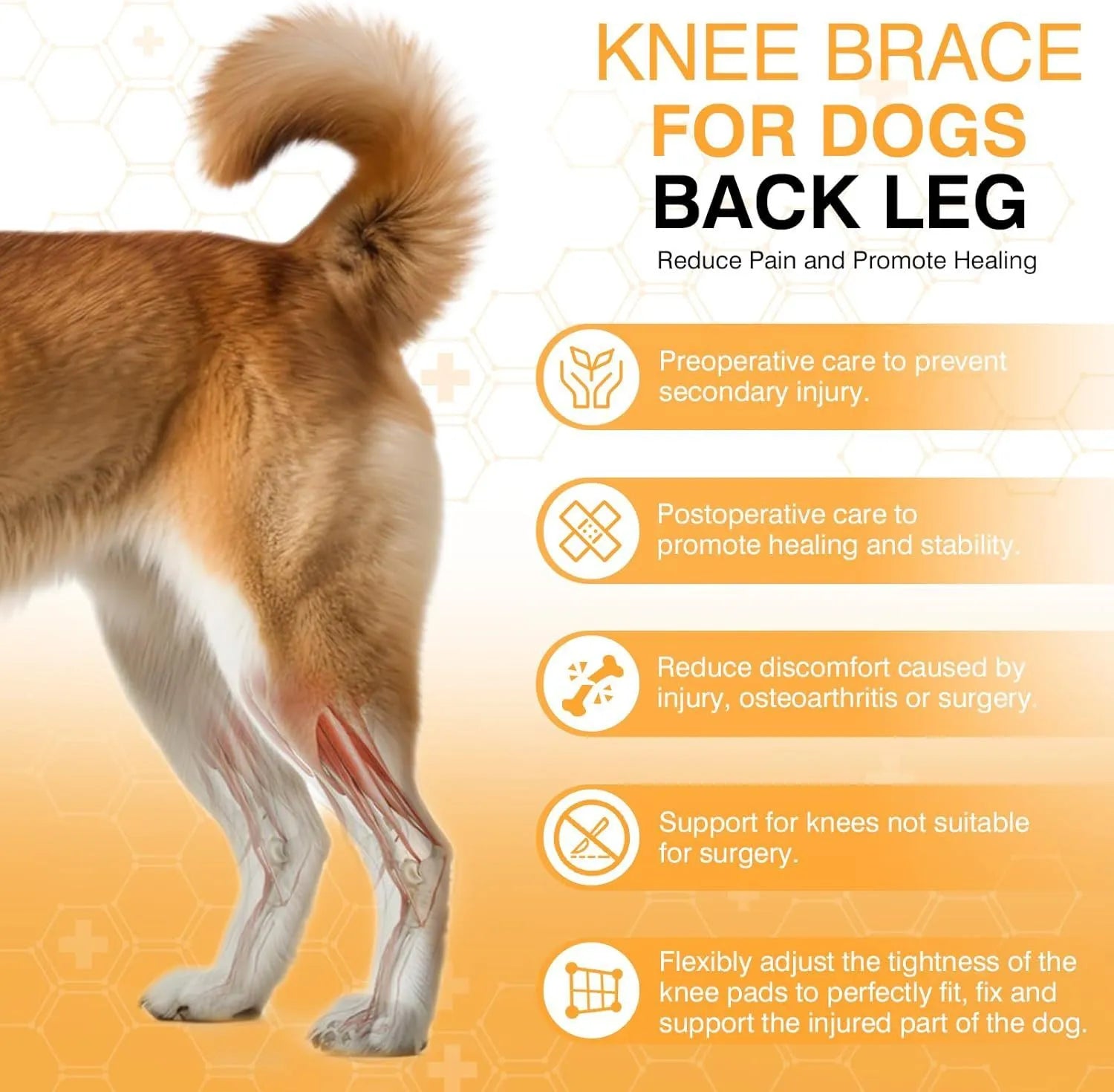 Adjustable dog leg protector knee brace with non-slip inner layer in size S M L for joint support
