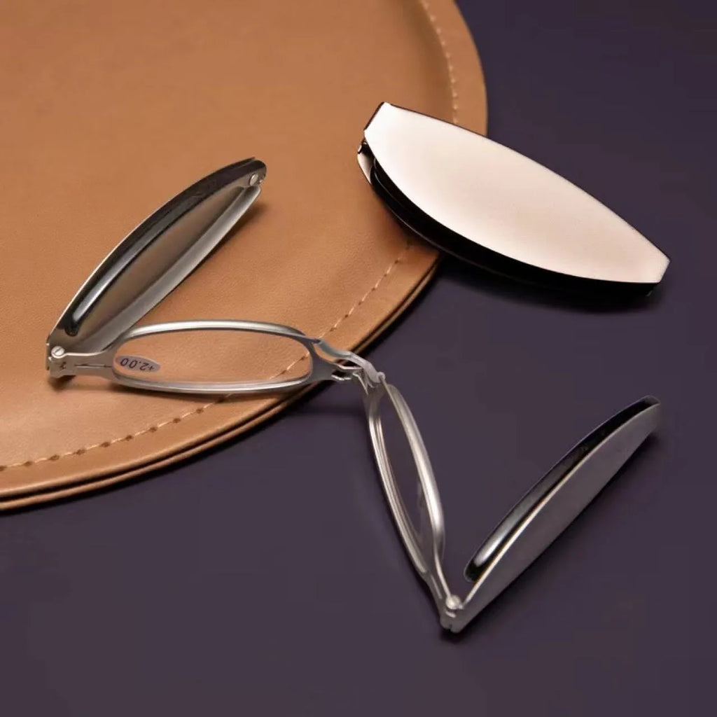 Black retro-style folding reading glasses for men, shown open and folded for pocket storage.