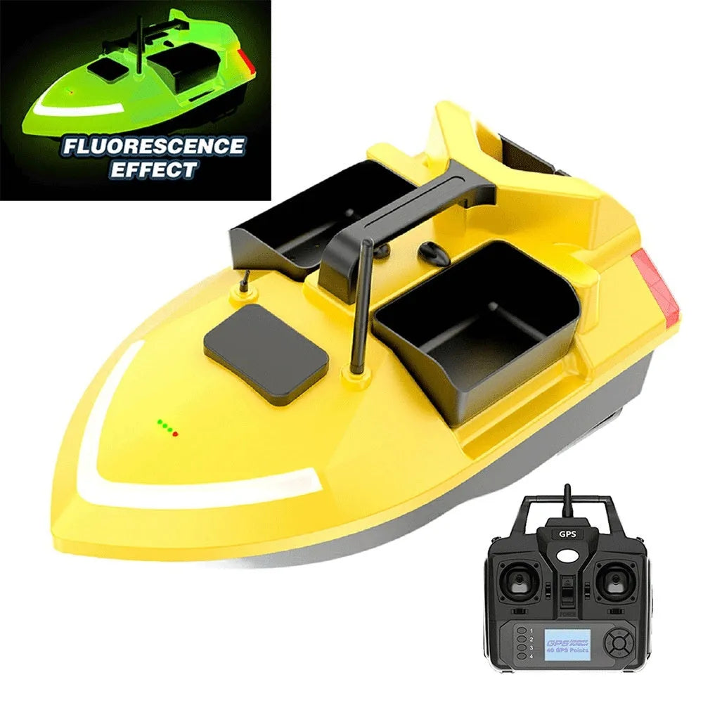Black and luminous yellow remote control fishing boat with GPS antenna and LED light on bow.