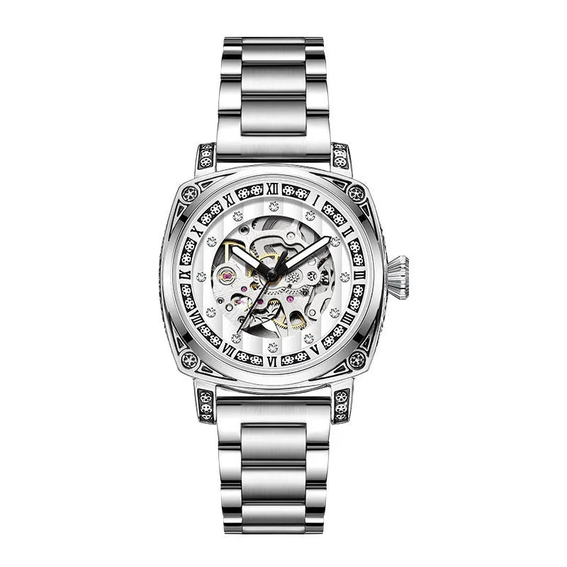 Mechanical watch with luminous numerals on a leather strap, shown in multiple colour options.