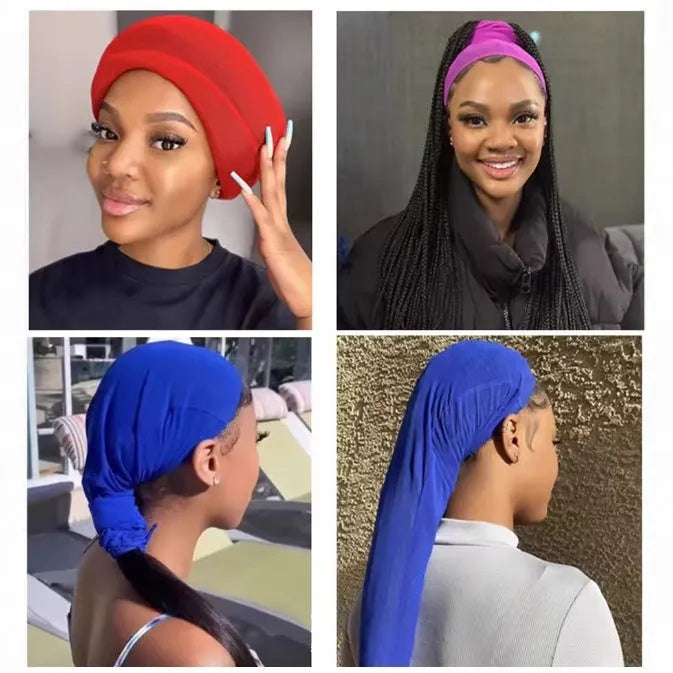 Adjustable spandex mesh wig cap for long hair, shown in multiple colour options including black and leopard print.